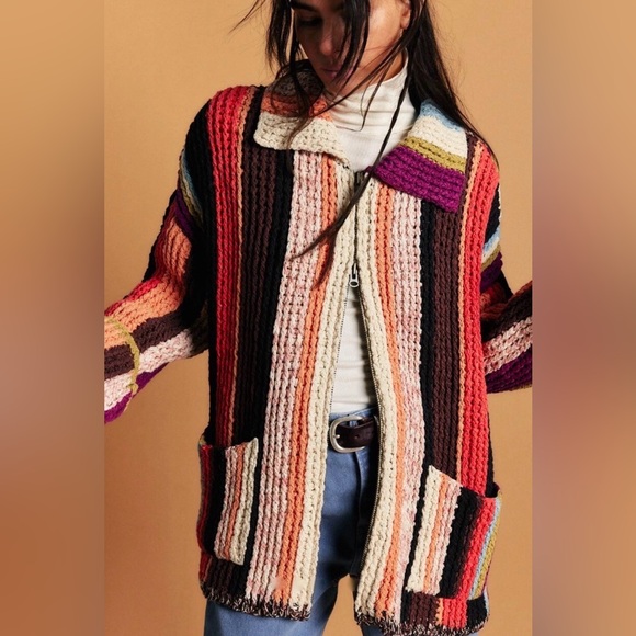 Free Peoplle Everything Cardi Sweater Heavy Weight Striped Zipper Pockets - Picture 3 of 8